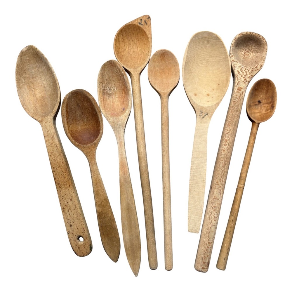 Vintage Wooden Spoon Lot 8pc Assorted Handcrafted Kitchen Utensils Rustic Decor